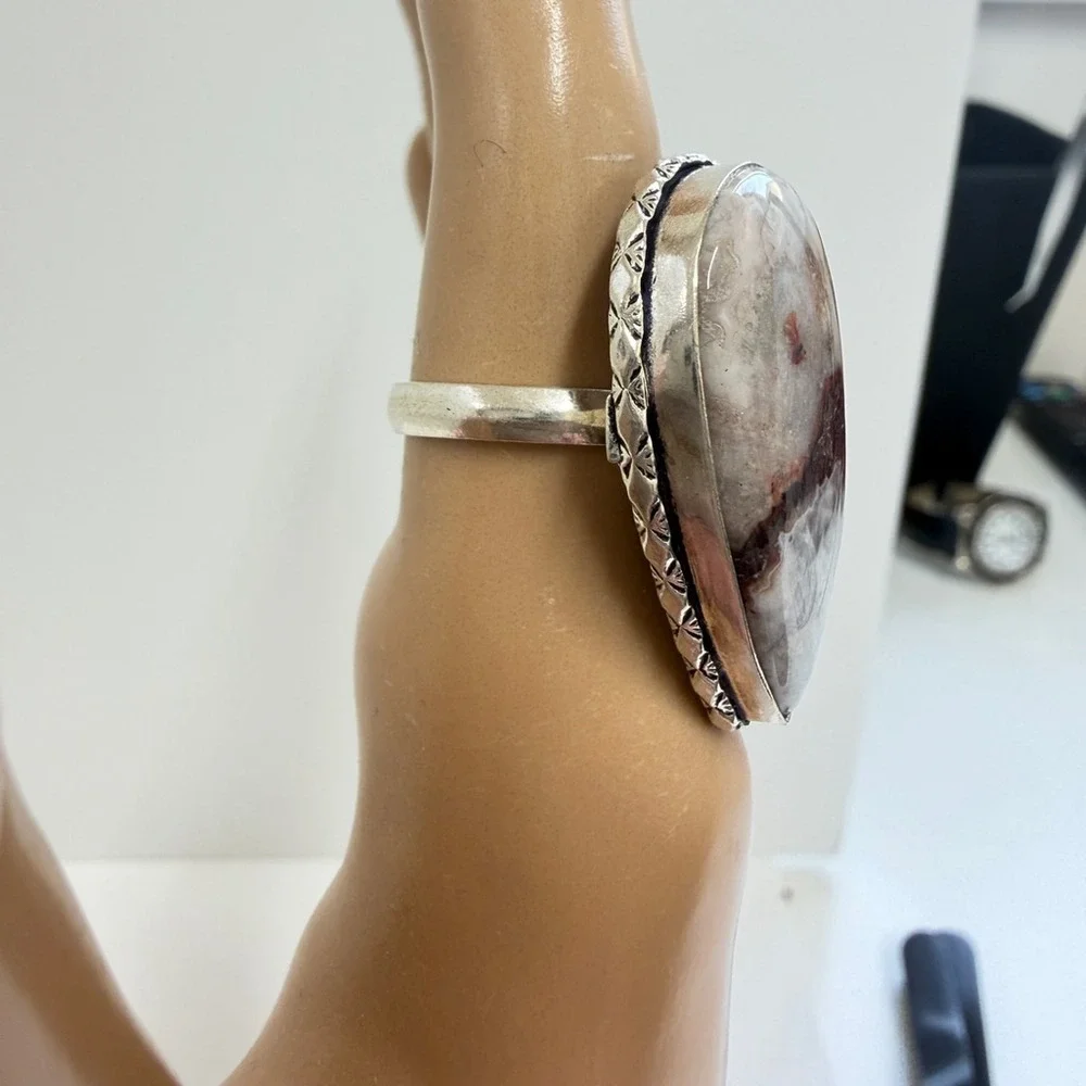 Hand‎ Crafted Silver Plated Orca Agate Teardrop Statement Ring Size 6 Gift Box